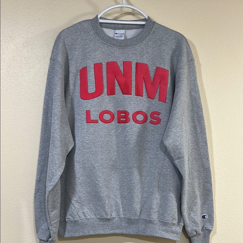 Champion Gray Crewneck Sweater with Red Print university of New Mexico